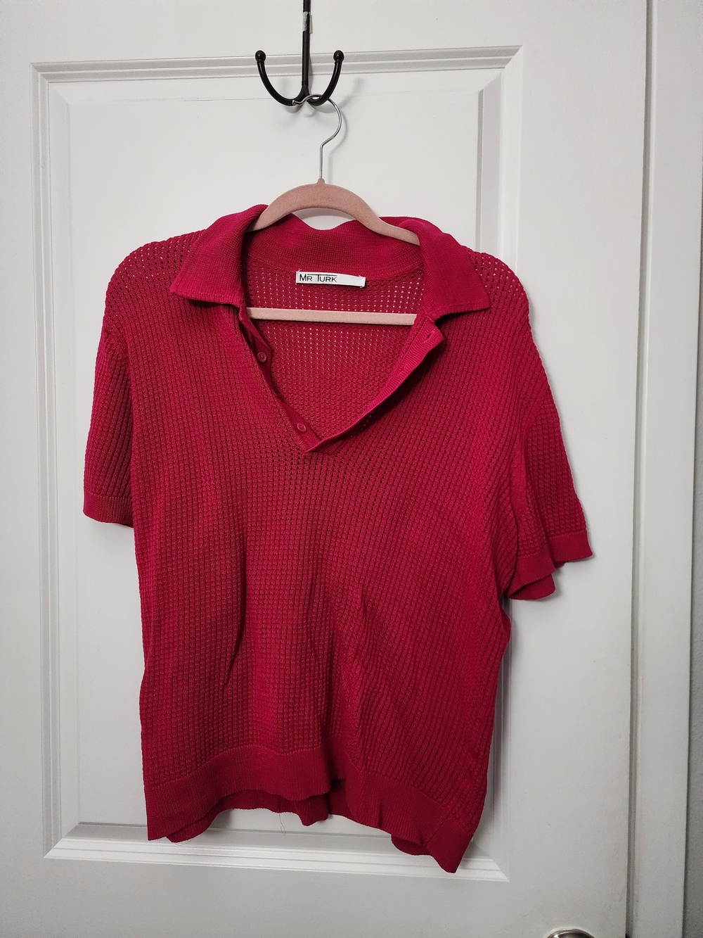 Mr. Turk Short-Sleeve  Crochet Knit Polo in Deep Pink
